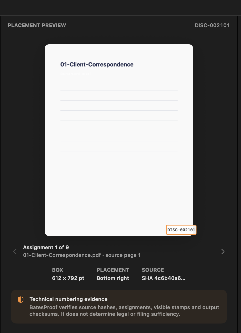 BatesProof page placement preview with planned Bates number