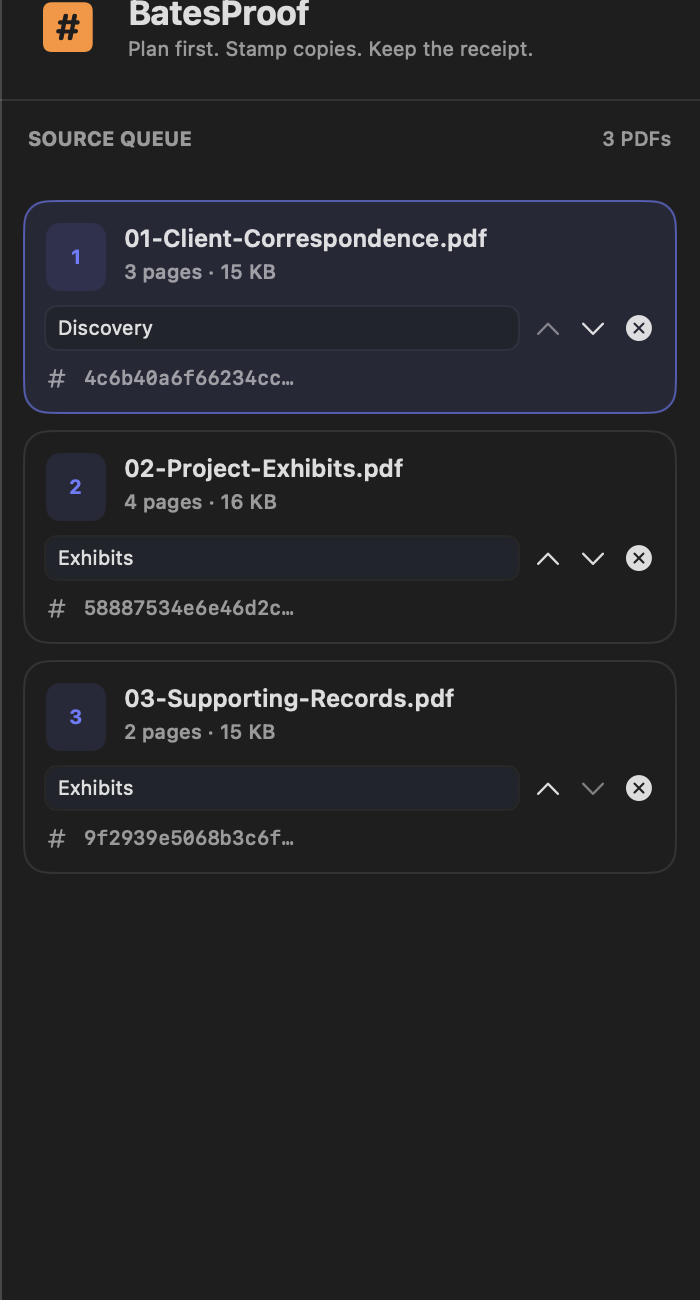 BatesProof ordered source queue with source hashes and section names